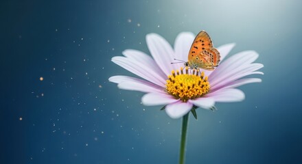 A delicate orange butterfly rests on the petals of a soft pink and yellow daisy