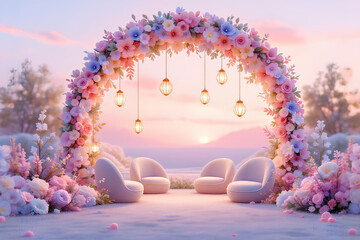 A serene wedding ceremony setup with a floral arch and comfortable seating arranged against a breathtaking sunset backdrop, creating a romantic and elegant ambiance