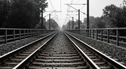 Monochromatic railway tracks stretching into a distant horizon, lined with overhead power lines and trees