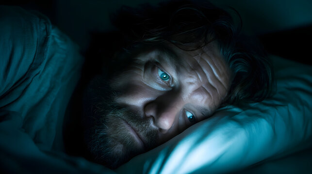 Stressed man lying in bed can't sleep at night
