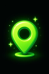 Green location pin icon glowing with sparkles on a dark background for digital design
