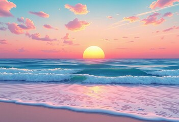 Pastel sunset over calm ocean waves, cute anime style beach scene, beach, texture