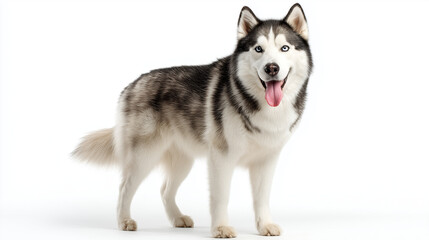 Siberian Husky Standing with Tongue Out on White Background
