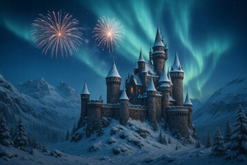 Stone castle sits on a snowy hill under aurora lights as fireworks burst in the sky.