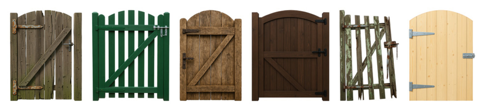 Wooden gate set including weathered, green, rustic, modern, old, and new styles isolated. Architectural elements for garden design and property.