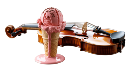 An image showcasing an ice cream cone resting on a violin, a delightful fusion of music and treats.