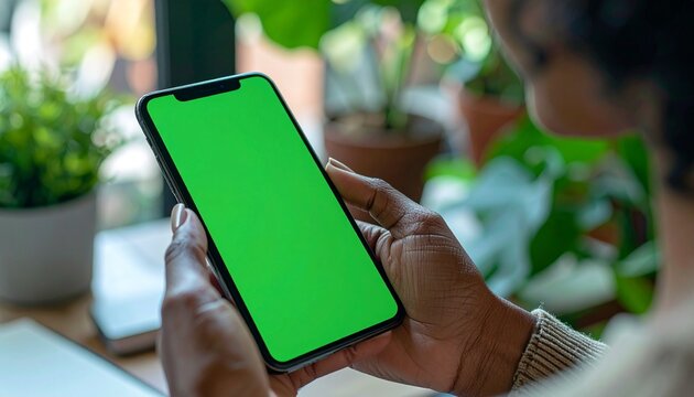 Person holding smartphone with green screen.