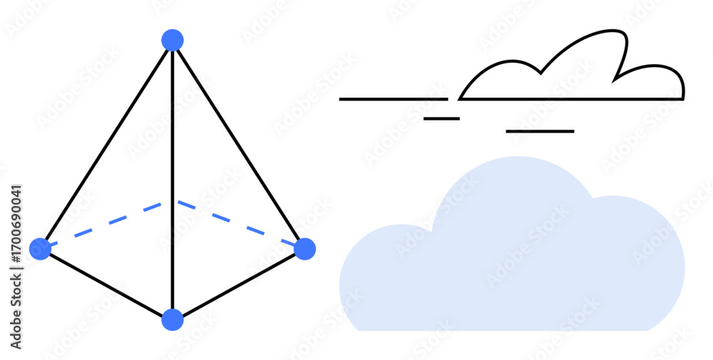 Poster geometric pyramid structure with connected nodes and dashed lines alongside minimalist cloud designs