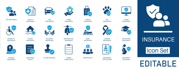 Insurance and Protection solid icon set. Includes symbols for Life, Health, Car, and Home Insurance. Solid vector icons for insurance policy, risk management, and claim services.