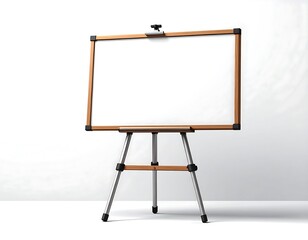 Standing whiteboard with wooden frame and metal legs on a blank background