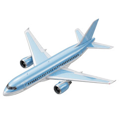 Modern passenger jetliner aircraft flying through the sky with blue and white livery transparent background
