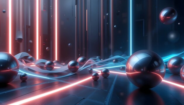 A futuristic and abstract scene with shiny, metallic spheres scattered on a dark, reflective surface, intersected by glowing neon light strips in vibrant red and blue, and undulating translucent ribbo