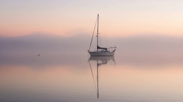 Sailboat on still water reflecting peaceful golden hour mist. Calm foggy lake sunrise footage.