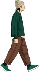 Young man walking casually wearing a green sweater, brown pants, beanie hat, and green sneakers in a modern street style
