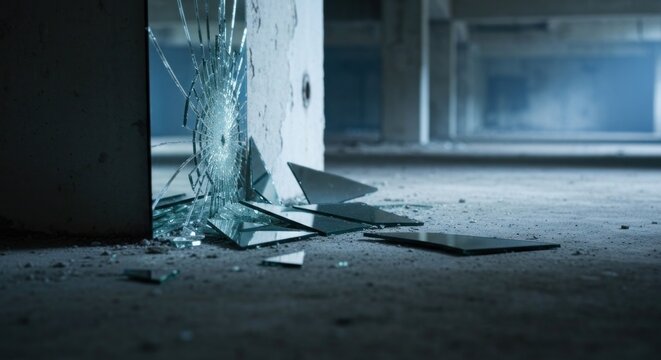 Shattered mirror fragments litter a concrete floor, with a broken mirror-pane against a concrete wall - Powered by Adobe