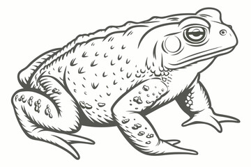 Detailed Monochrome Illustration of a Warty Toad with Prominent Eyes and Textured Skin Crawling on a White Background