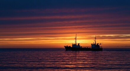 Silhouette of a ship at sunset over a tranquil sea