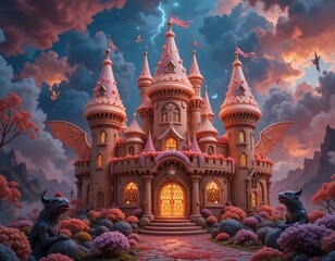 Obraz premium Fairytale castle with pink towers dragon statues and lightning storm