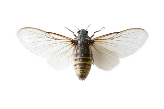 A cicada insect with spread wings isolated on transparent background