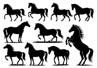 Horses set, black silhouettes on white background, vector illustration