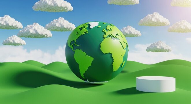 A stylized 3d rendering of the earth globe on rolling green hills under a blue sky with fluffy white clouds