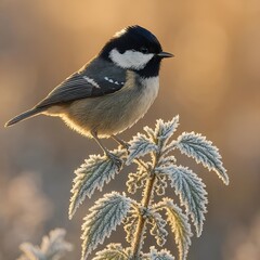 Obraz premium Coal tit perched on frosty nettles in early morning light