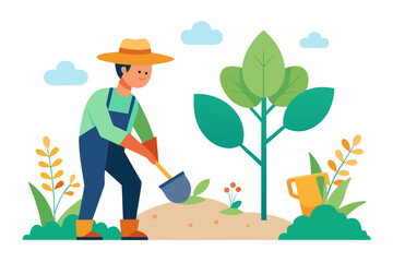Farmer planting a tree illustration with shovel and watering can in garden