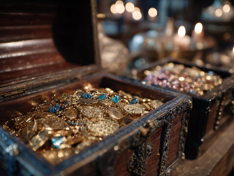 an open wooden chest filled with gold coins, sitting on a blue and gold patterned cloth. Sunlight is streaming through, casting a warm glow on the coins.