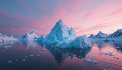Majestic icebergs float serenely in the calm ocean waters under a breathtaking pink and purple sky at sunset
