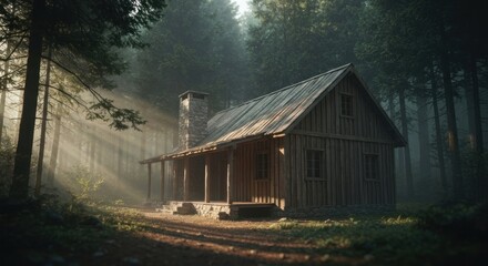 Sunbeams pierce a misty forest, illuminating a rustic wooden cabin