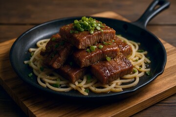 Tender braised beef short ribs served over a bed of delicate spaghetti pasta in a cast iron skillet