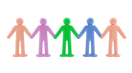 Colorful plastic figures holding hands, symbolizing unity, teamwork, and diversity, isolated on transparency background, cheerful and inclusive concept for community and cooperation