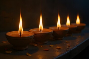 Row of lit clay diyas casting warm flickering light in darkness during a festival celebration