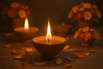 Warm glowing diyas with autumn leaves and floral arrangements creating a festive and serene atmosphere