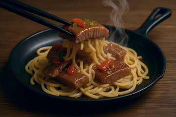 Steaming hot beef and noodles served in a cast iron pan with chopsticks lifting a portion