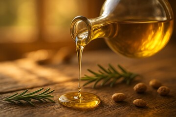 Golden olive oil pouring from a glass bottle onto a rustic wooden surface with rosemary and olives