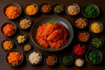 Overhead view of a vibrant assortment of colorful chopped ingredients arranged around a central bowl of salmon poke