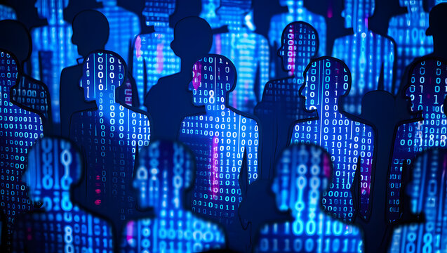 Digital Silhouette: A striking visualization of a crowd's silhouettes interwoven with a matrix of digital code, symbolizing connectivity, data, and modern society.