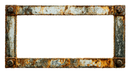 Rustic rectangular metal frame with weathered texture isolated on white background. 