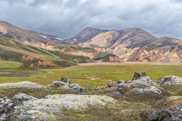 Douceur pastel du paysage le long de la randonnée de Bláhnúkur Brennisteinsalda, dans le Landmannalaugar, les Hautes Terres, avec ses roches de toutes les couleurs et aux formes douces, en Islande