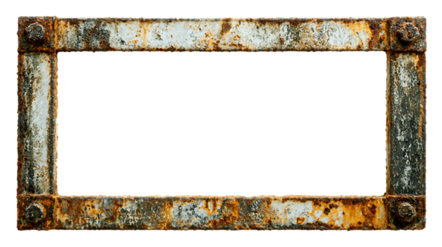 Rustic rectangular metal frame with weathered texture isolated on white background. 