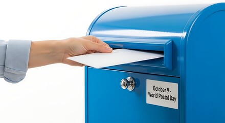 Celebrating World Postal Day: Hand delivering correspondence into a bright blue mailbox