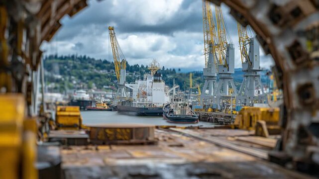 A detailed close-up of a ship's cargo hatch opening, showcasing weathered metal, hydraulic pistons, and tugboats in the background as a crane lowers heavy equipment.