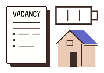 Vacancy document next to low battery and house, symbolizing job search fatigue, work-life balance needs. Ideal for career challenges, motivation, recruitment, employment stress, job search tips