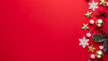 Festive Christmas and New Year Holiday Composition with Gold Stars and Snowflakes on Red Background Perfect for Greetings