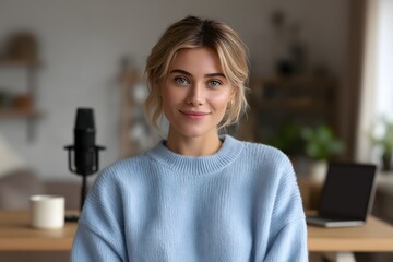 Cozy scandinavian living room with blond woman podcast host sitting at desk with microphone