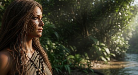 Empowering beauty portrait of tribal woman in lush jungle. Ideal for nature, travel, wellness, indigenous cultures, digital art, avatar, goddess, and fantasy themes.