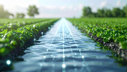 Obraz premium Digital irrigation system in a vibrant agricultural field, technology concept.