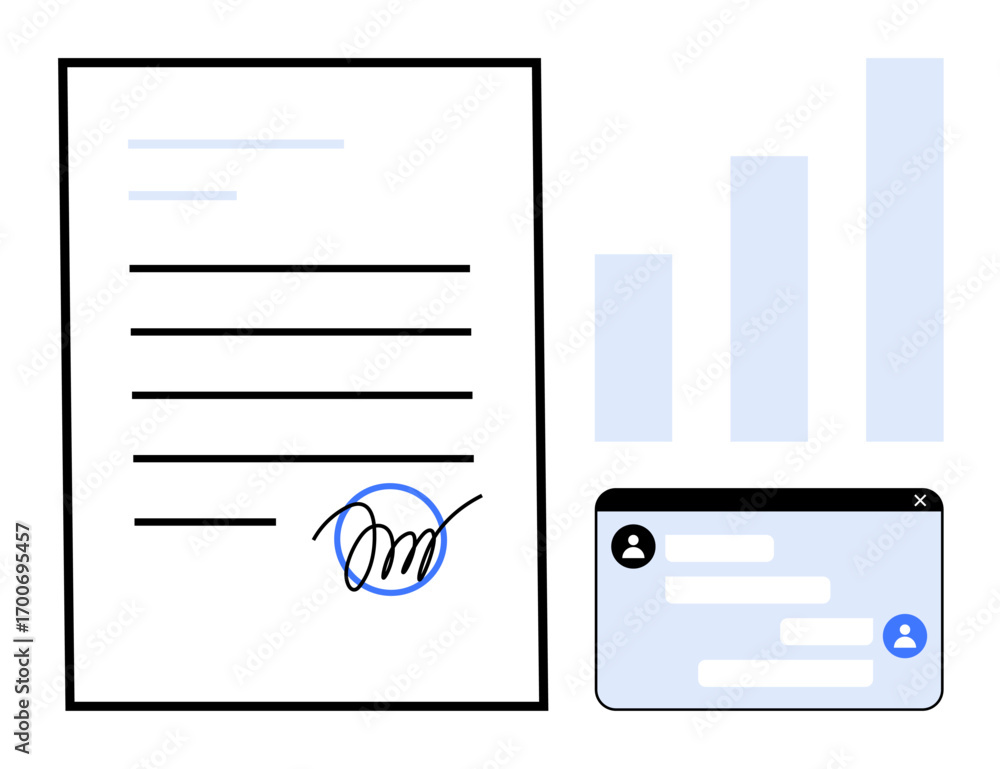Poster signed document, bar graphs, and chat window interface. ideal for business, communication, workflow,
