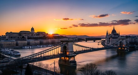 Obraz premium Budapest dawn light paints the Danube with warm hues, showcasing iconic bridge and skyline at